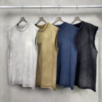 Débardeur de lavage en détresse teint à la cire à bord dispersé, t-shirt vintage sans manches rétro tendance de la rue américaine pour hommes