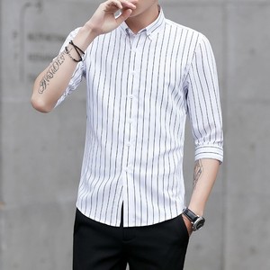 Camisa a Rayas de Manga Tres Cuartos, Estilo Coreano, Elástica, para las Cuatro Estaciones, Ropa Masculina, Informal de Negocios, Cuello Cuadrado, Combinable con Todo - Product Image 6