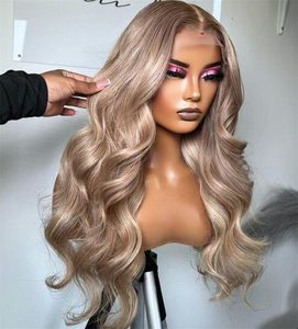 <span class=keywords><strong>Perruque</strong></span> HD 13x6 Ombrée Blond Thé au Lait avec Baby Hair Blond Cendré, Densité 200%, Pré-Épilée, Ondulée (Body Wave), Racines Brunes, Cheveux Humains pour Femmes - Product Image 3