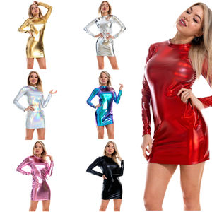 Skinny <strong>Latex</strong> Long Sleeve Dress Bodycon Dance <strong>Mini</strong> Cover Hip <strong>Skirt</strong> - Product Image 1