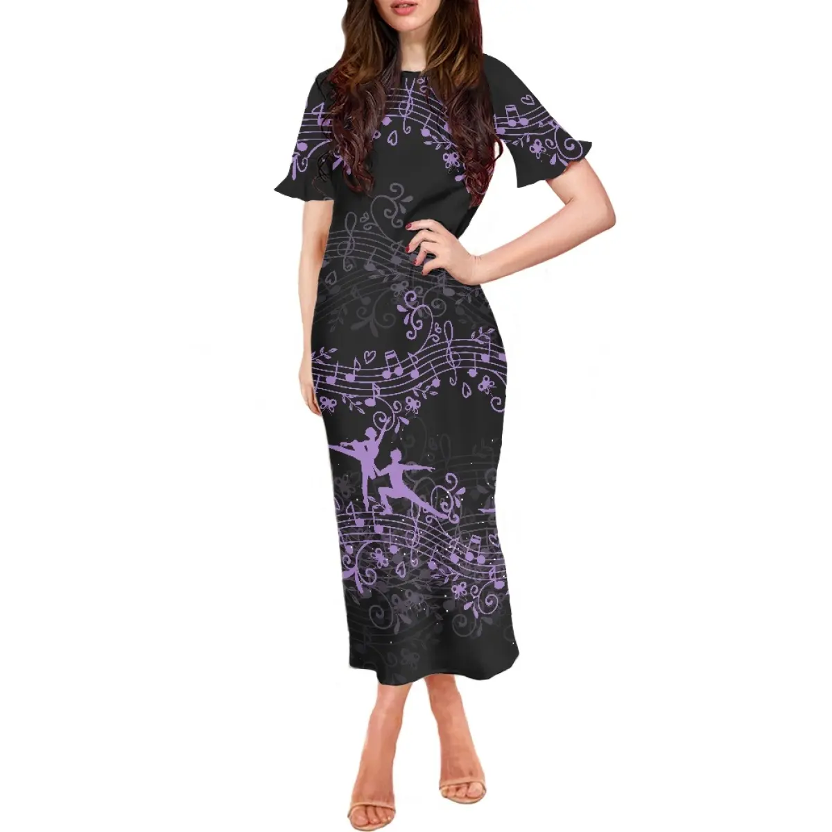 Vestido de manga de mariposa ceñido al cuerpo con su logotipo/imagen para mujer, vestidos de música con teclas de piano, ropa de verano elegante de diseñador de moda