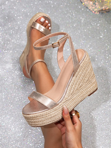 Sandales compensées espadrilles champagne à bride unique pour femme, talons ajustables avec boucle à la cheville, idéales pour les vacances, le quotidien, les soirées et les occasions décontractées - Product Image 1