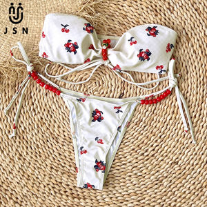 Traje de Baño JSN 2026 Nuevo, Bikini de Dos Piezas con <span class=keywords><strong>Top</strong></span> de Tubo Sexy, Cintura Baja, Estampado, Tirantes, <span class=keywords><strong>Bandeau</strong></span> y Tanga - Product Image 1