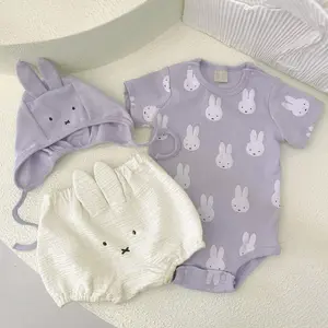 INS tarzı paskalya yaz bebek sevimli karikatür tavşan üç parçalı Set bebek Romper şapka ile Bloomers