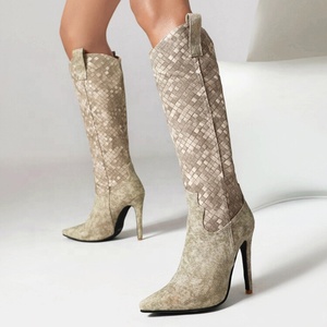 Retro Large Size 47 Women's Knee-high Thin Heel Knight Boots Pointed Toe on Denim Fabric Booties Wide Fit <b>Shoes</b> - Product Image 4