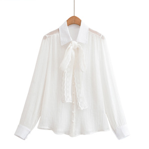 Blusa Elegante de Oficina para Mujer, con Cuello de Lazo Blanco, Transpirable, de Manga Larga, Corte Regular, en Popelina - Product Image 6