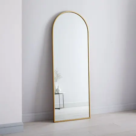 Groothandel Gold Aluminium Frame Boog Decoratieve Moderne Kleedkamer Muur Volledige Lengte Vloer Spiegel