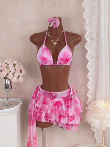 Viviblook Z403ST04 Conjunto de bikini de tres piezas para mujer, nuevo, con estampado floral, sexy, informal, con cordones, falda tipo tanga, traje de baño para vacaciones. - Product Image 2