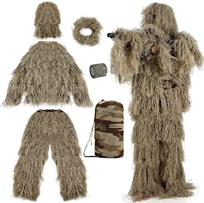 Ghillie Setelan 3D 4-Piece dengan Tas Kamuflase Camo Setelan Berburu Hutan Woodland & Desert