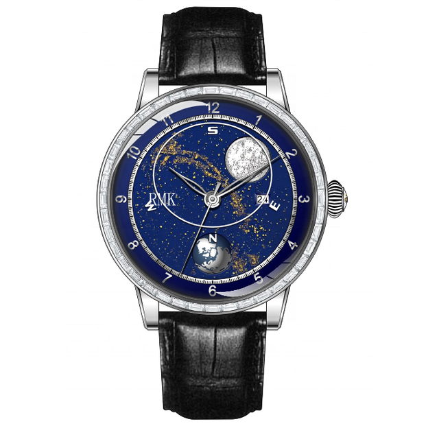 OEM Hot Selling Fashion Leisure Watch Waterproof Simple Earth Moon Sun Display Metal Stainless Steel Men's Quartz Watch