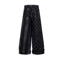 Nouveau pantalon en jean jacquard délavé style RO, coupe ample et large, motif drapeau étoilé, style streetwear américain haut de gamme