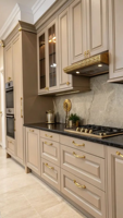 Meuble de cuisine de style américain classique, niche à fenêtre cintrée avec évier de ferme