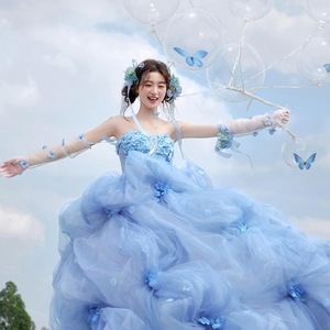Blue Dream Wedding Dress Strapless Ball Gown Empire Waist Floral Print Outdoor Photography Outfit Flower Fairy Blue - Product Image 2