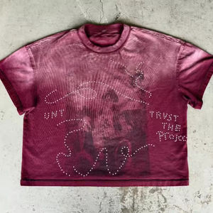 Heavyweight Thick Sun Fade Vintage Rose <b>Red</b> Round Neck with Rhinestone Dtg Graphic Tee <b>Shirt</b> Distressed T-<b>shirt</b> - Product Image 1