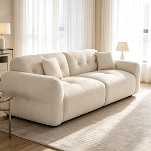 Canapé d'angle moderne et minimaliste en bouclette à trois places, avec dossier capitonné, accoudoirs rembourrés, pieds en bois, meuble polyvalent pour salon - Product Image 5