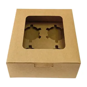 Kotak kue kertas coklat kraft kustom desain gratis baki kertas internal 4/6/8 lubang kemasan cupcake kotak kue jendela transparan