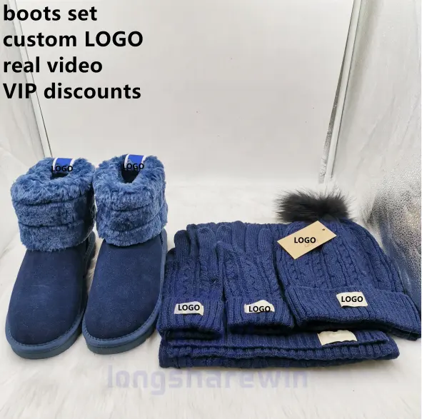 Dropshipping Custom Brand LOGO Fashion designer Genuine leather furry fur women kids snow boots winter hat and scarf gloves set