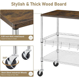 Carro rodante de 3 niveles con tapa de madera NSF, carro para servir carros de alambre con asa, estantes de utilidad, - Product Image 2