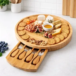 Bamboo Cheese Board Set with Drawer and <b>Knives</b> Charcuterie Serving Platter for Home Parties Picnics Holidays <b>Bread</b> Fruits Snacks - Product Image 1