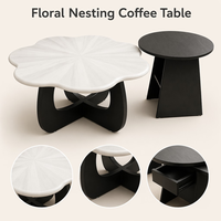Table basse de salon sur mesure en bois sculpté avec panneau en forme de pétale, tiroir de rangement dissimulé et écologique