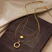 Collier superposé en or pour femmes, pendentif cœur en acier inoxydable et breloque anneau ouvert, double chaîne