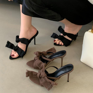 Women's Double Bow-knotted Thin Heels on Denim Mules Pumps <b>Open</b> Toe Anti-Slippery Sandals - Product Image 4