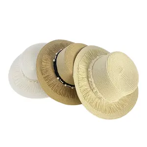 Printemps et été chapeaux femmes plat chapeau de paille perle gland pare-soleil papier adultes plaine Image Sombrero femme taille personnalisée