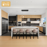 Lemari Dapur Modern Minimalis Efek Marmer Tanpa Gagang, Kabinet Dapur Modular Kustom dengan Pulau Model Air Terjun dan Motif Kayu