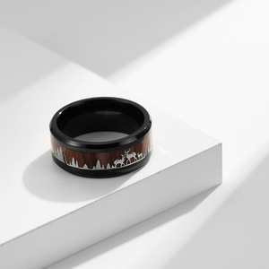 Stainless Steel Wood Grain Deer Herd Inlay <b>Couple</b> <b>Rings</b> Unisex Engagement Jewelry - Product Image 3