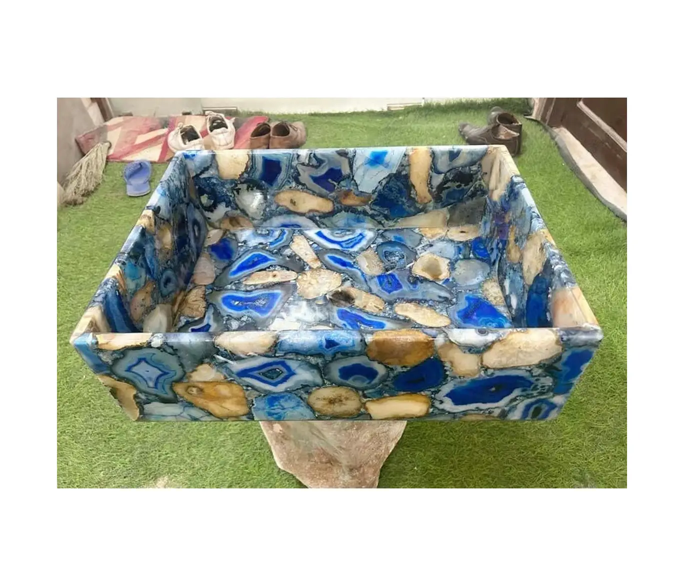حوض مطبخ مخصص من نيوستار مزين بالرخام وحجر العيق الأزرق الطبيعي بشكل مربع يدوي الصنع لتزيين المنزل وللحمام