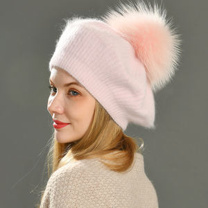 Nouveauté 2022 : Bérets pour adultes avec <span class=keywords><strong>pompon</strong></span> en fourrure de raton laveur véritable détachable, bérets élégants pour femmes, bérets en tricot chauds - Product Image 3