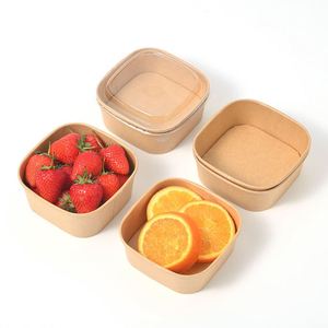 Bol alimentaire carré jetable en kraft avec couvercle transparent, écologique, pour fruits, baies, salades, à emporter, pour restaurants - Product Image 1