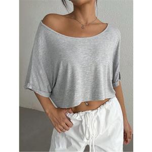 Camiseta Corta Holgada para Mujer, Cuello Redondo, Manga Corta, Color Sólido, Estilo Casual de Verano - Product Image 1