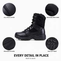 Bottes tactiques mi-mollet en cuir pleine fleur noir, à lacets et fermeture éclair