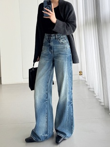 YUANBOFEI Celana <span class=keywords><strong>Jeans</strong></span> Denim Wanita Model Boyfriend Pinggang Tinggi, Lengan Lebar, Biru, Lurus, Kasual, Ramah Lingkungan, dan Bernapas - Product Image 4