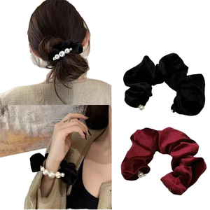 Chouchou coréen de style princesse en velours perlé fait main, haut de gamme, pour <span class=keywords><strong>chignon</strong></span> <span class=keywords><strong>bas</strong></span>, <span class=keywords><strong>accessoire</strong></span> élégant pour cheveux de mariage - Product Image 1