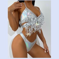 Tenue de rave métallique pour femme, haut court brillant, soutien-gorge, jupe à franges, maillot de bain, festivals de musique, Halloween, cosplay, costume d'alien