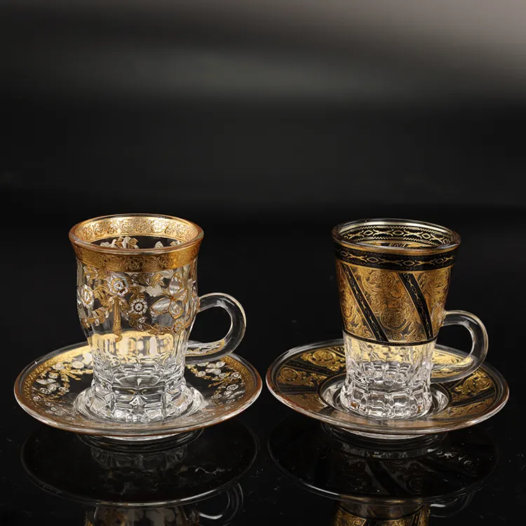 도매 12pcs 아랍어 터키어 유리 찻잔 및 접시 커피 차 컵과 접시 세트 유리 컵 세트