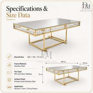 Premium <b>Gold</b> Stainless Steel Banquet <b>Table</b> <b>Mirror</b> Glass Top Crystal Trim Open Base Wedding Event Wholesale Supplier - Product Image 3