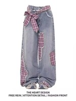 Celana Jeans Wanita Musim Gugur Gaya Vintage Retro Pinggang Tinggi Model Longgar Kaki Lebar Warna Solid Aksen Tali Pita Hitam Streetwear Denim
