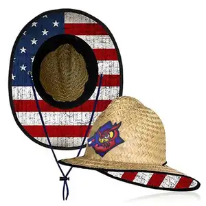 Custom Design Under Brim Printed Mat Grass Rush Straw Firefighter Straw Sun Hats With Logo For Men And Women