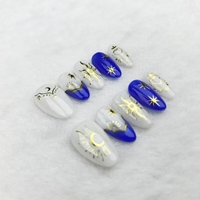 Seni kuku buatan tangan, desain Bintang berbentuk almond berwarna biru, berkualitas tinggi, dan dapat digunakan kembali.