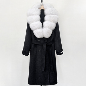 Manteau de laine de luxe à la mode avec ceinture gros poignets en fourrure de renard véritable manteau de laine long manteau de laine de cachemire femmes - Product Image 1