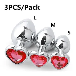 Conjunto de 3 Plug <span class=keywords><strong>Anal</strong></span> Coração Metal Cristal S/M/L Tamanhos Removível Aço Inoxidável Butt Plug Estimulador Sexual para Mulheres Homens - Product Image 3