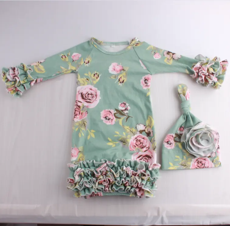 America Apparel Knit Infant Toddler Kids Sleeping Gown Russet-グリーンFloral Long Sleeves Icing Ruffle Raglan Baby Gown
