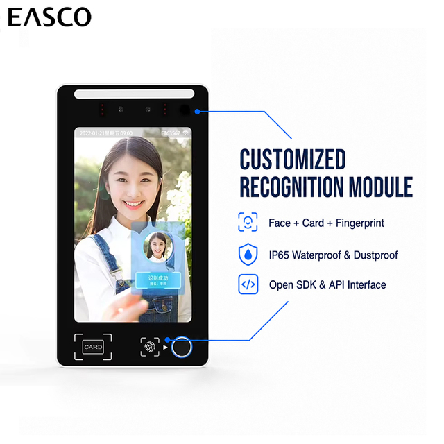 8 Inch API SDK Custom Identification Module IP65 Aluminum Alloy Face Recognition Fingerprint Employee Time Attendance Machine
