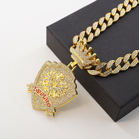 Collier pendentif bouclier couronne en alliage hip-hop avec strass, chaîne cubaine entièrement sertie de diamants, bijoux de mode