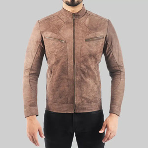 Icon Gilani Men Brown Distressed Genuine Leather Biker <b>Jacket</b> Vintage Caf <b>Racer</b> Motorcycle Stand Collar Zip Pockets Slim Fit - Product Image 6