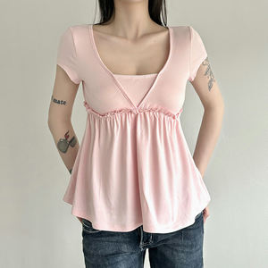 Loose A-Line <b>Patchwork</b> Short Sleeve T-Shirt Sweet Girly Style Youthful Solid Color Minimalist Fashion Versatile <b>Top</b> - Product Image 2