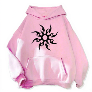 Sudadera con Capucha Extra Grande Rosa con Estampado Tribal de Sol Negro, Unisex, Informal, para Otoño - Product Image 1